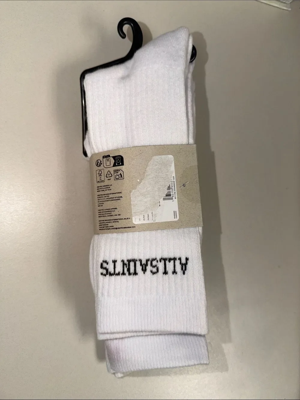 ALL SAINTS Men’s 3 Pack White Black Logo Cotton Blend Crew Socks